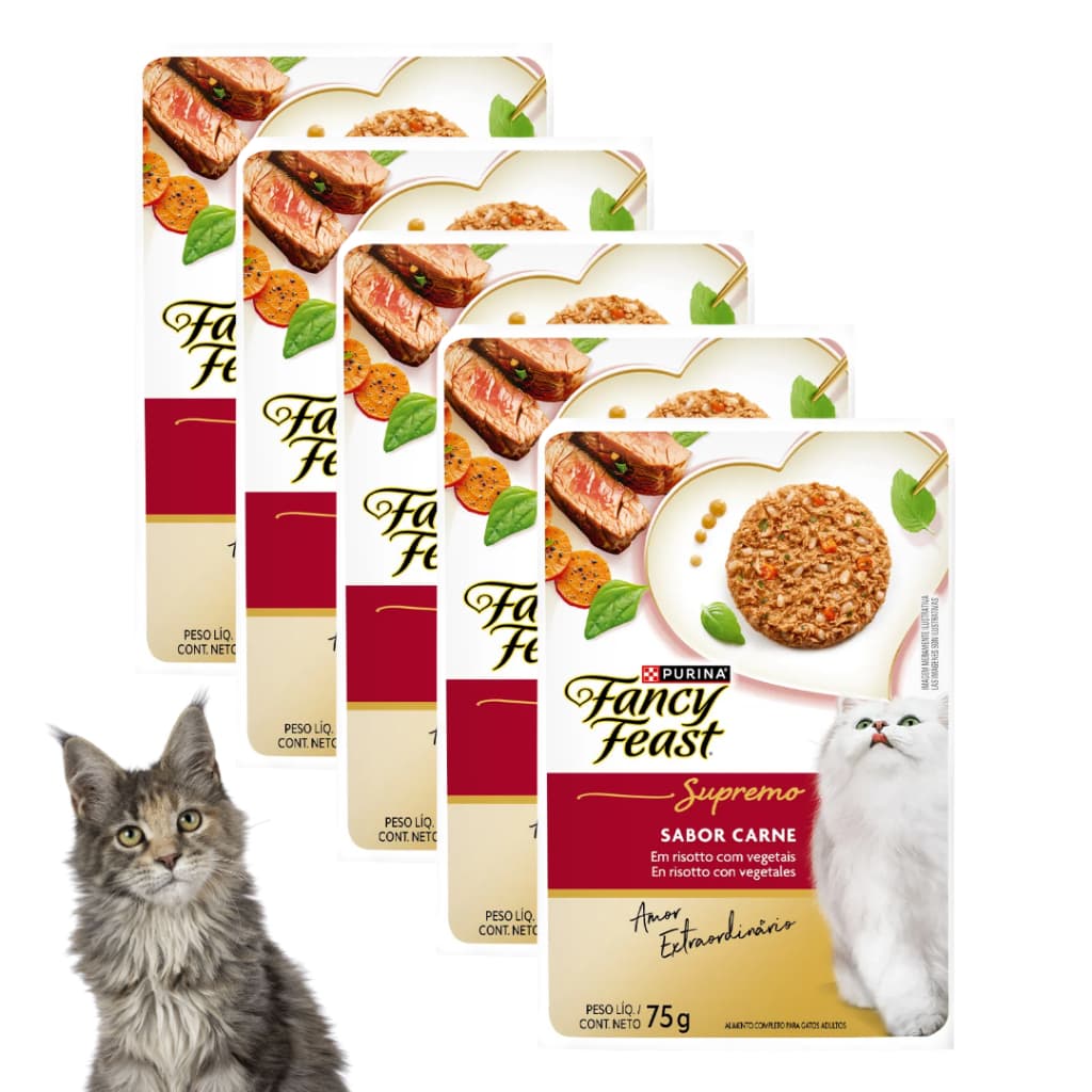Ração Úmida Fancy Feast Purina Supremo Sabor Carne Sachê 75g Kit com 5 Sachê Refeição Completa para Gatos