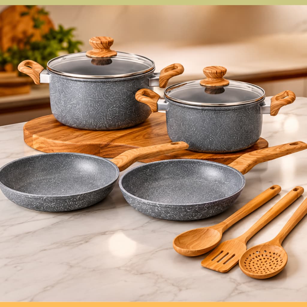 Jogo Panelas Antiaderente Cerâmica Granito Kit 7 PC Conjunto Indução Gás Tampa Utensílios Cozinha