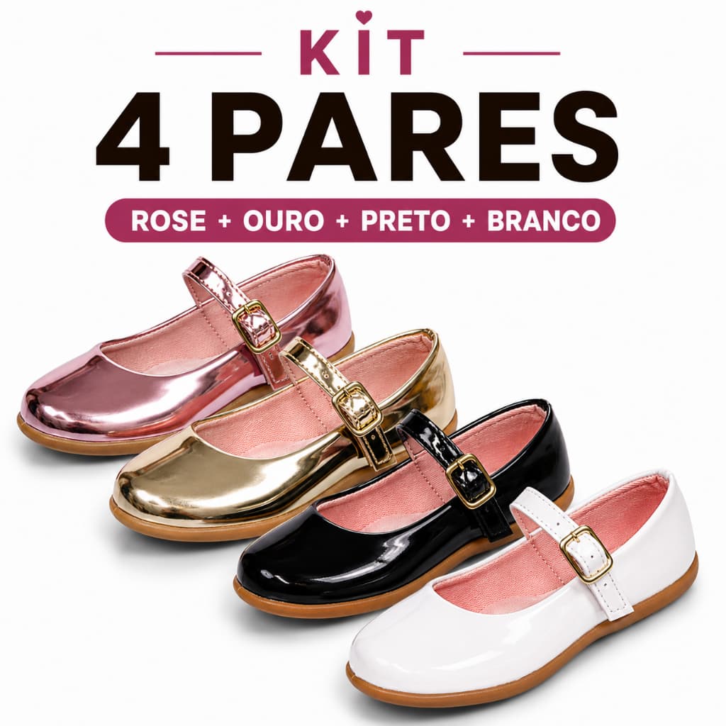 Kit 4 Pares Sapatilha Infantil Verniz Menina Branco Preto Boneca