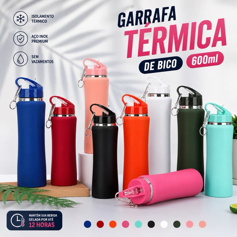 Garrafa Térmica 600ml Emborrachado com Bico Dobrável e Chaveiro