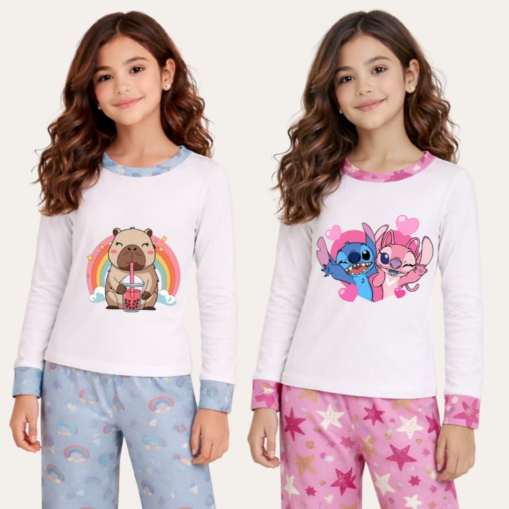 Kit 2 Pijamas Sortidos Infantil Com Estampas Divertidas Conjunto de Frio Menina