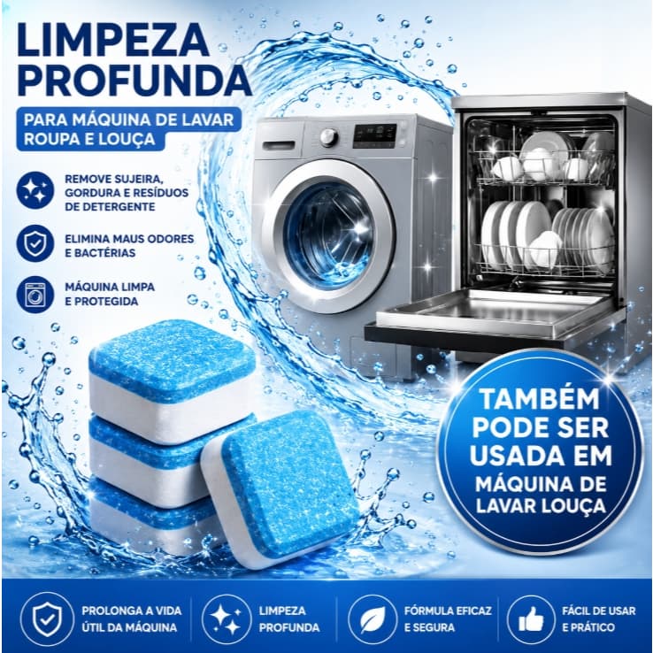Kit 12/24 Pastilhas Limpa Máquina de Lavar Roupa e Lava-Louças Efervescente Remove Resíduos Original Elimina Odores