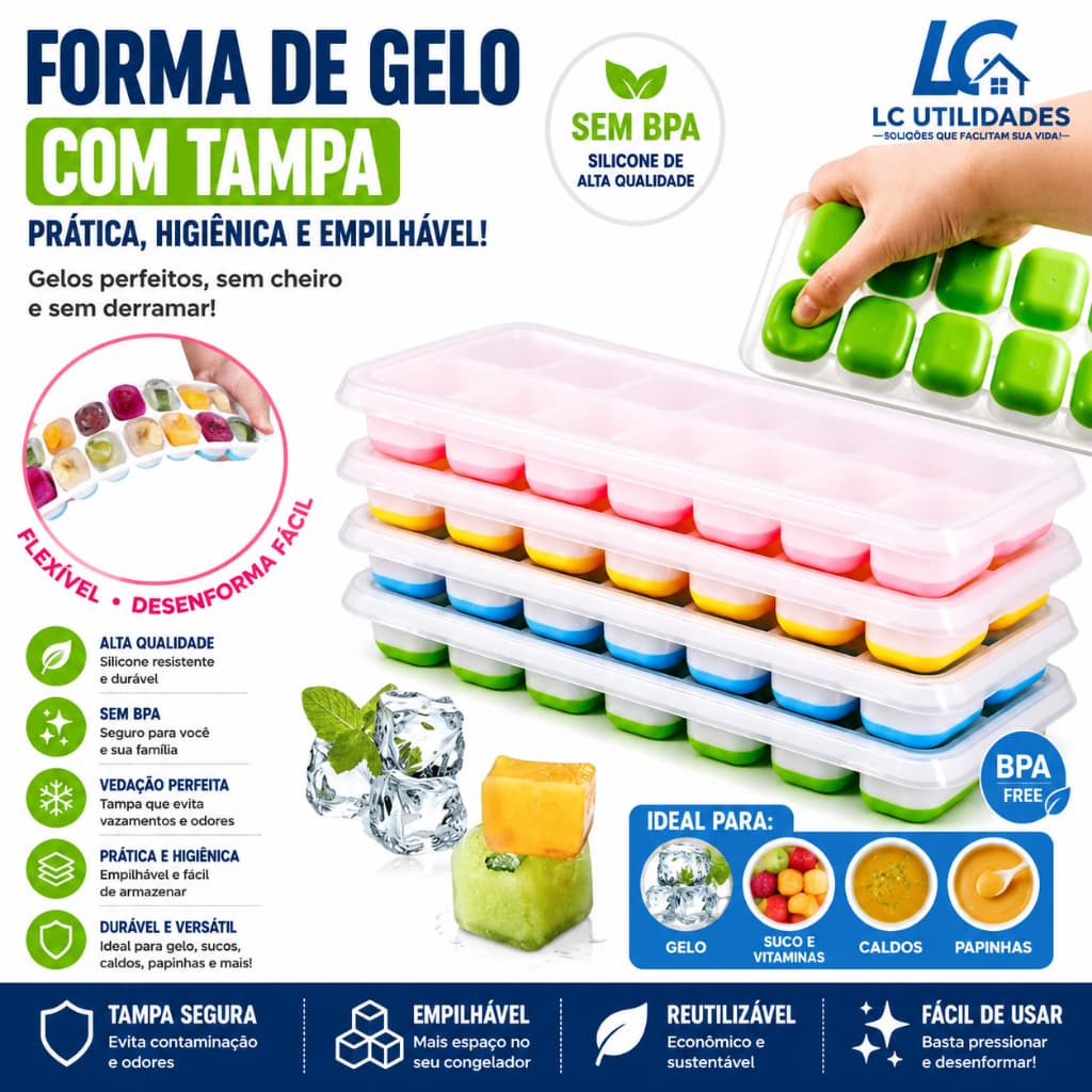 Forma de Gelo Silicone Flexíve com Tampa Rígida Lavável 14 cubos  Multiuso