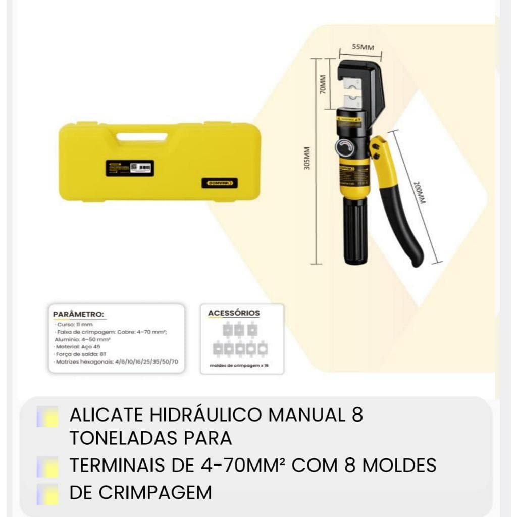 Alicate Hidráulico Manual 8 Toneladas Crimpador Terminais 4-70mm² com 8 Matrizes