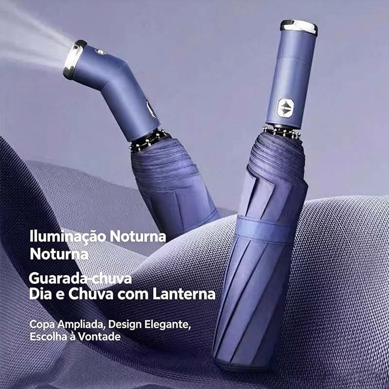 Guarda-Chuva Automático Anti-Vento com Lanterna Proteção UV Blackout Compacto para Bolsa e Mochila