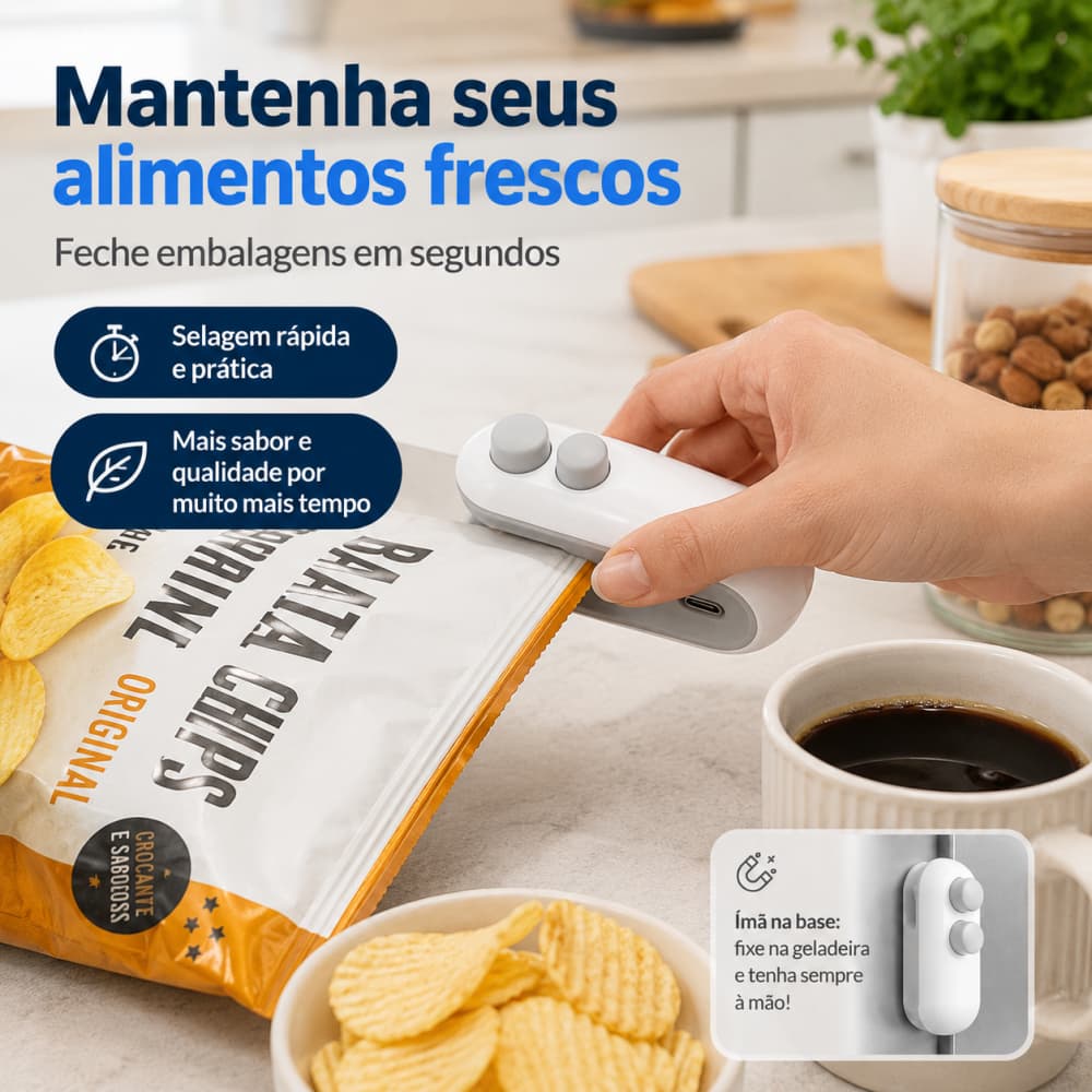 Mini Seladora Portátil USB Recarregável 2 em 1 Sela e Corta Sacos Plásticos Alimentos Ímã Geladeira Fácil Usar