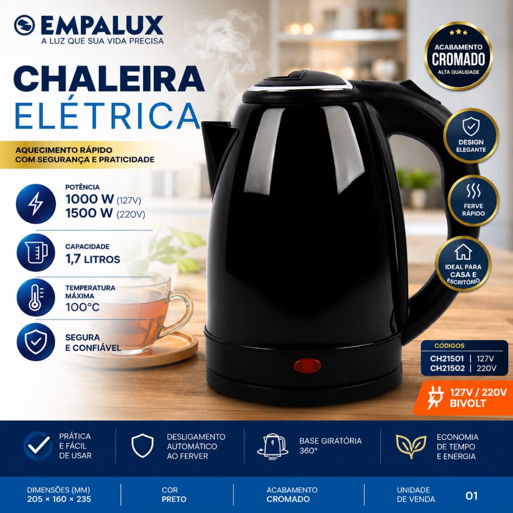 Chaleira Elétrica Térmica Preta Empalux 1,7L Alta Qualidade