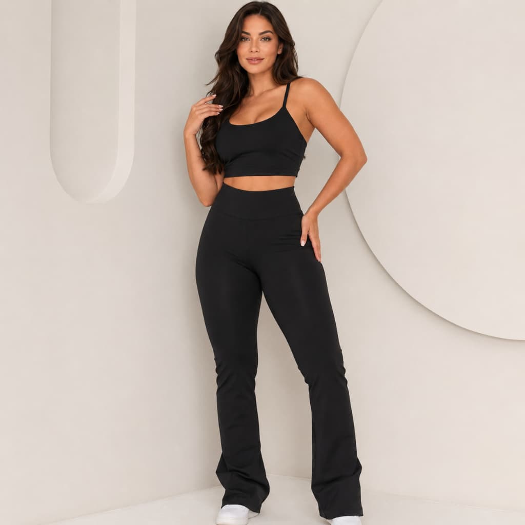 Conjunto Fitness Feminino Academia Calça Legging Flare Bailarina e Top Cropped Treino Perfeito