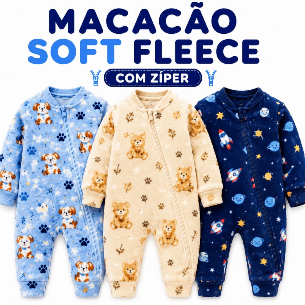 Macacão Bebê Soft Fleece Menino Quentinho Kit 2 3 com Zíper Inverno RN P M G