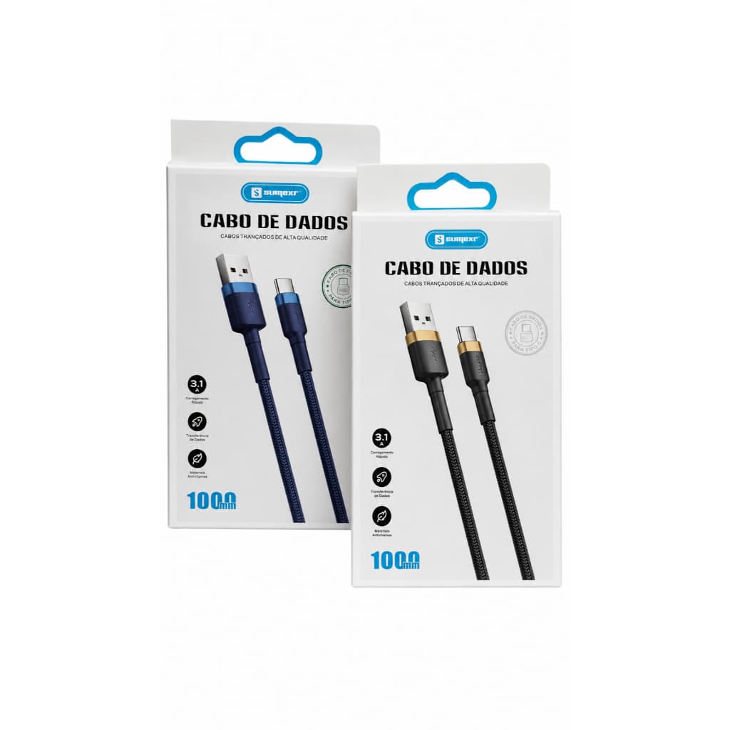 Cabo USB Tipo C 1 Metro Nylon Trançado Carregamento Rápido 3.1A