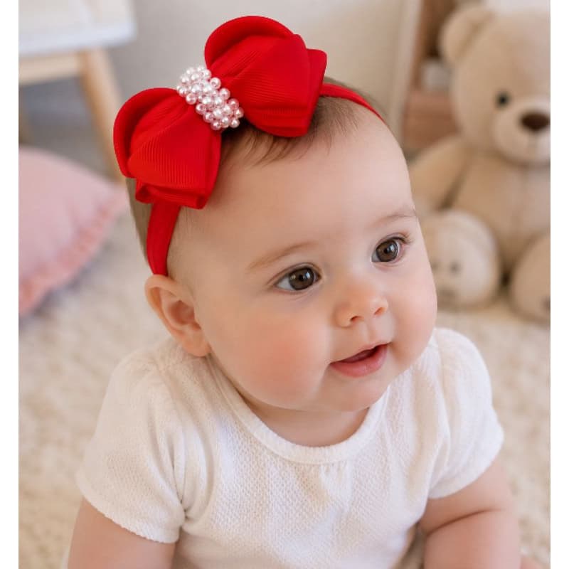 Kit com 3 faixas de cabelo para bebê Laço 9cm bordado com pérolas