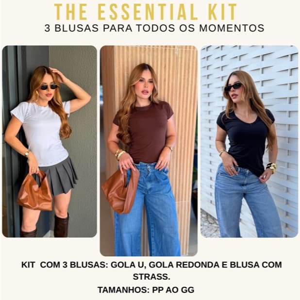 Kit 3 Blusas Femininas Gola U, Gola Redonda e Com Strass Camiseta Classica Casual Elegante Básicas
