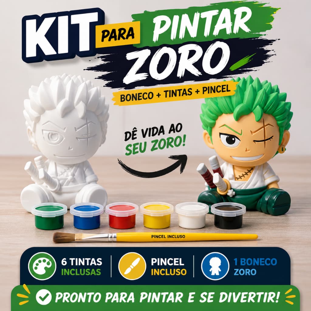 Boneco Zoro One Piece para colorir pintar com 6 Tintas para Crianças Infantil Educativa