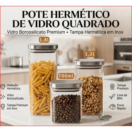 Pote Vidro Organizador Hermético 700ml 1,2L 1,8L Borossilicato Quadrado Tampa Inox Cozinha Vedação