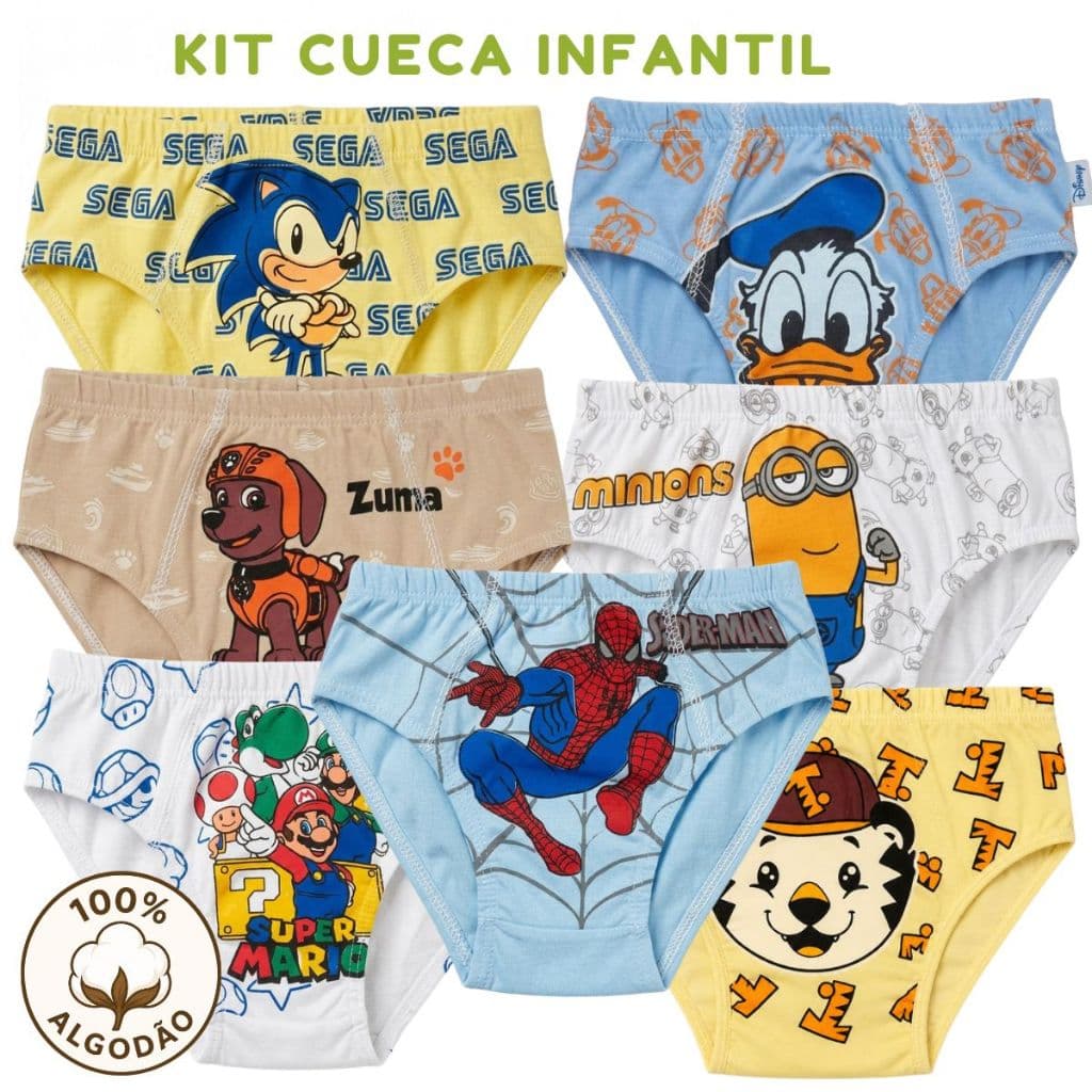Kit Cueca Infantil Menino 100% Algodão Com Forro Confortável Estampas Sortidas Bebê