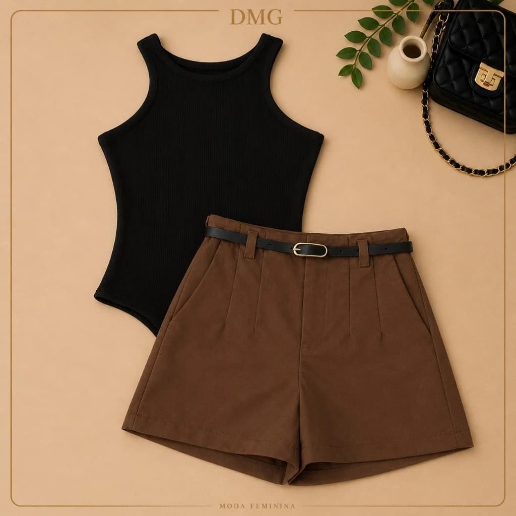 Conjunto Body Regata + Short Alfaiataria Com Cinto Cintura Alta - ENVIO IMEDIATOO!!!