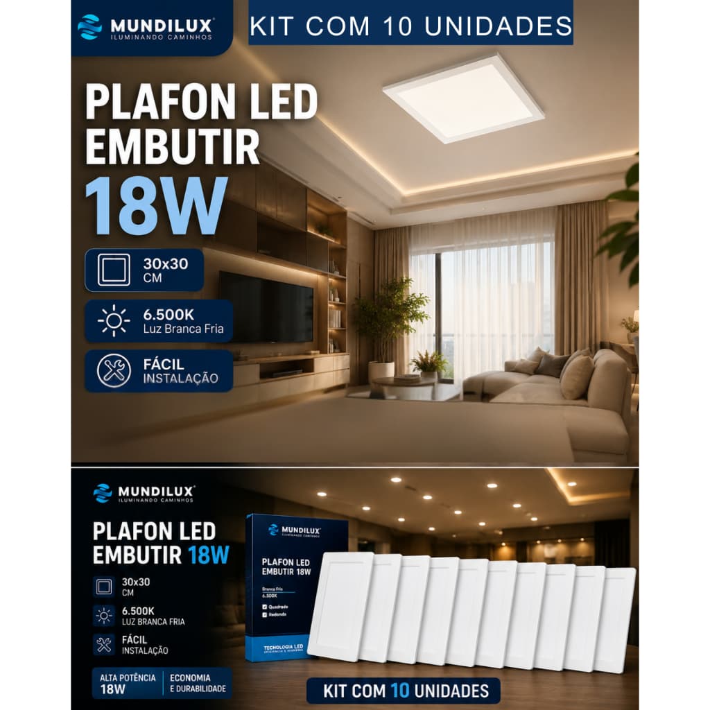 Kit 10 Painel LED Embutir 18W 20x20 6500K Branco Frio Bivolt Slim