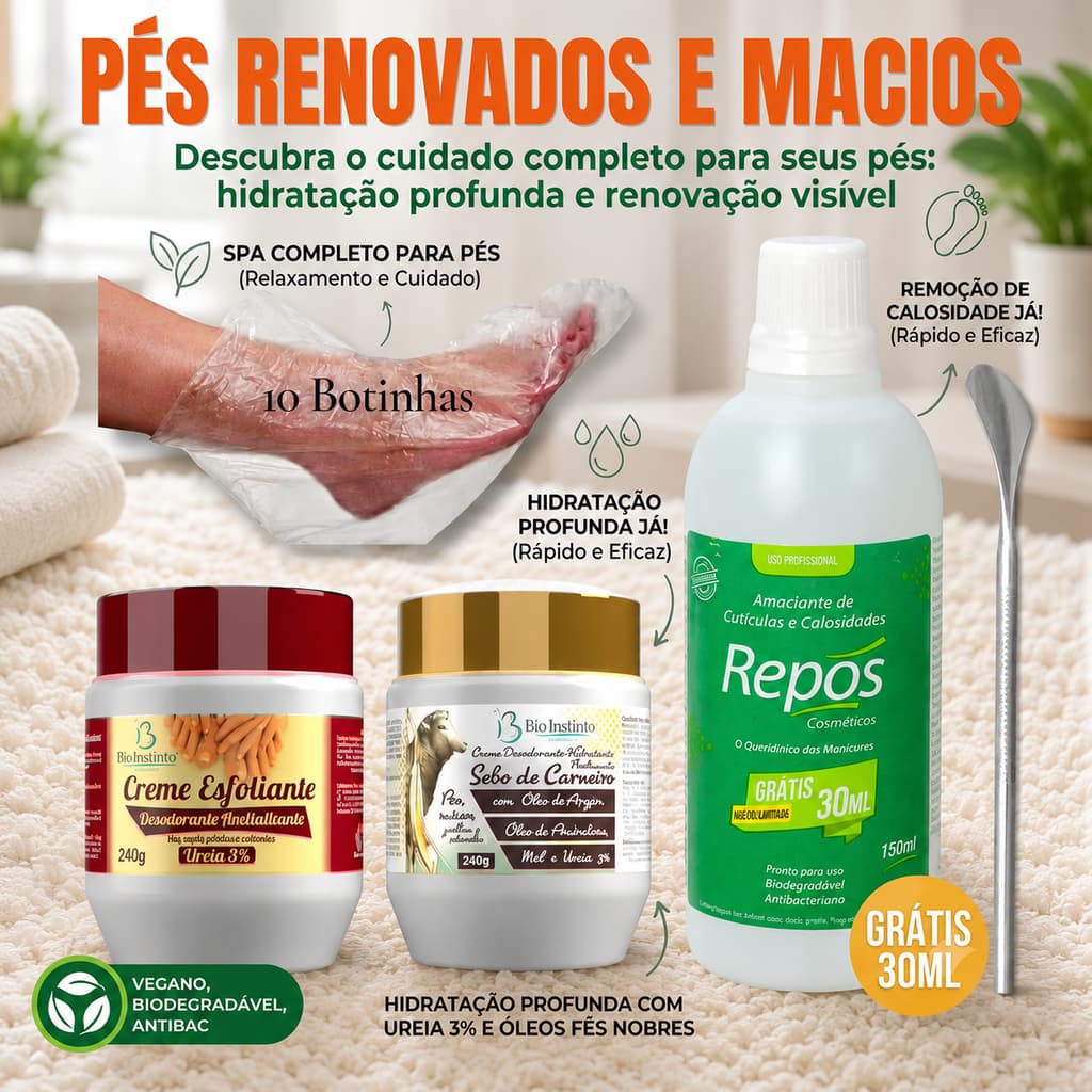 SPA Dos Pés: Rachaduras :Creme Esfoliante + Hidratante C/ Ureia Bio Instinto 240g+ Repôs 150ml + Espátula 222+10 Botas