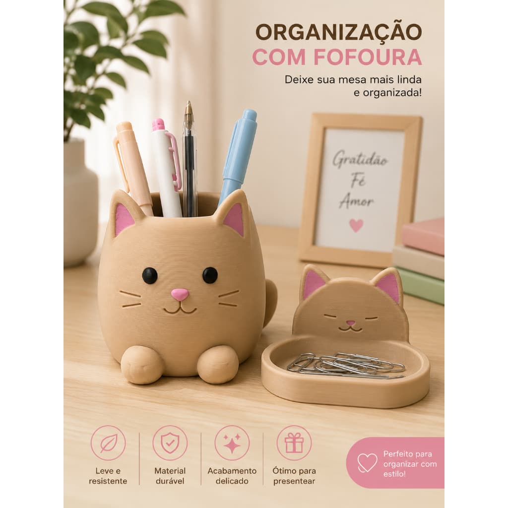 Kit Porta Caneta Gatinho Porta Clips Decorativo Para Mesa Escritorio