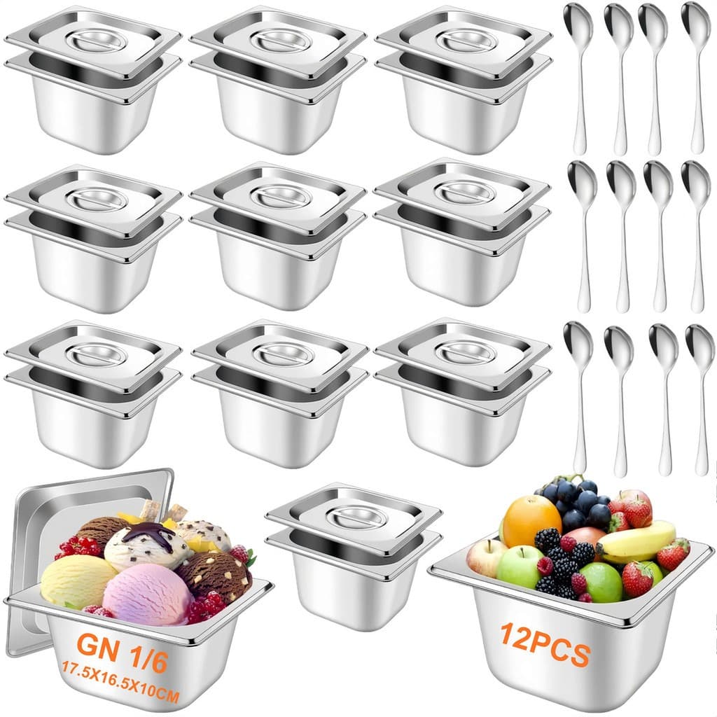 Kit 12 Cuba Gastronomica Inox 1/6x100 Gn Com Tampas E Colheres Inox Buffet Cozinha Restaura
