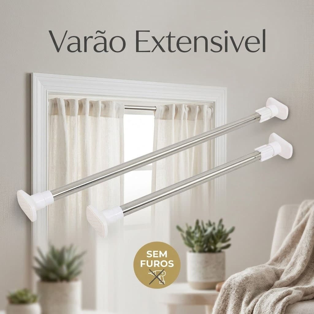 Varão Extensivel SEM FUROS Suporta 45KG Em Inox Resistente Porta Cortina De Box E Banheiro Multiuso