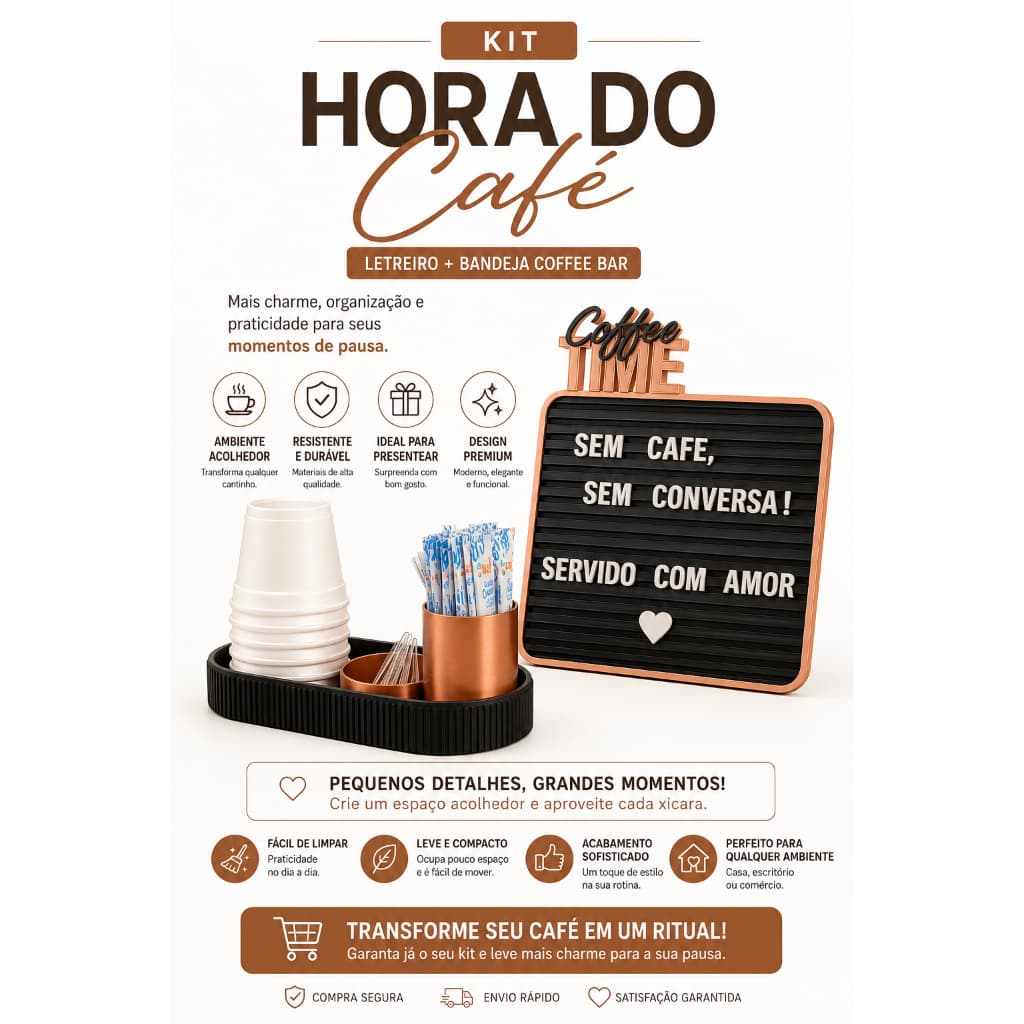 CANTINHO DO CAFÉ COMPLETO | ORGANIZADOR + QUADRO DECORATIVO + PORTA COPOS | ACONCHEGANTE