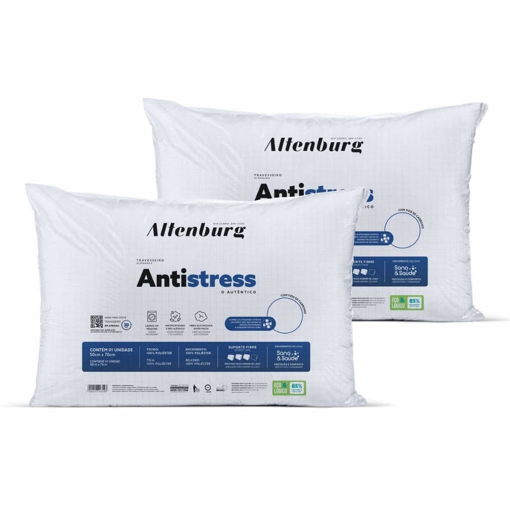 Kit 2 Travesseiros Altenburg Antistress Relaxante Suporte Firme Fios de Carbono 50 x 70cm Branco