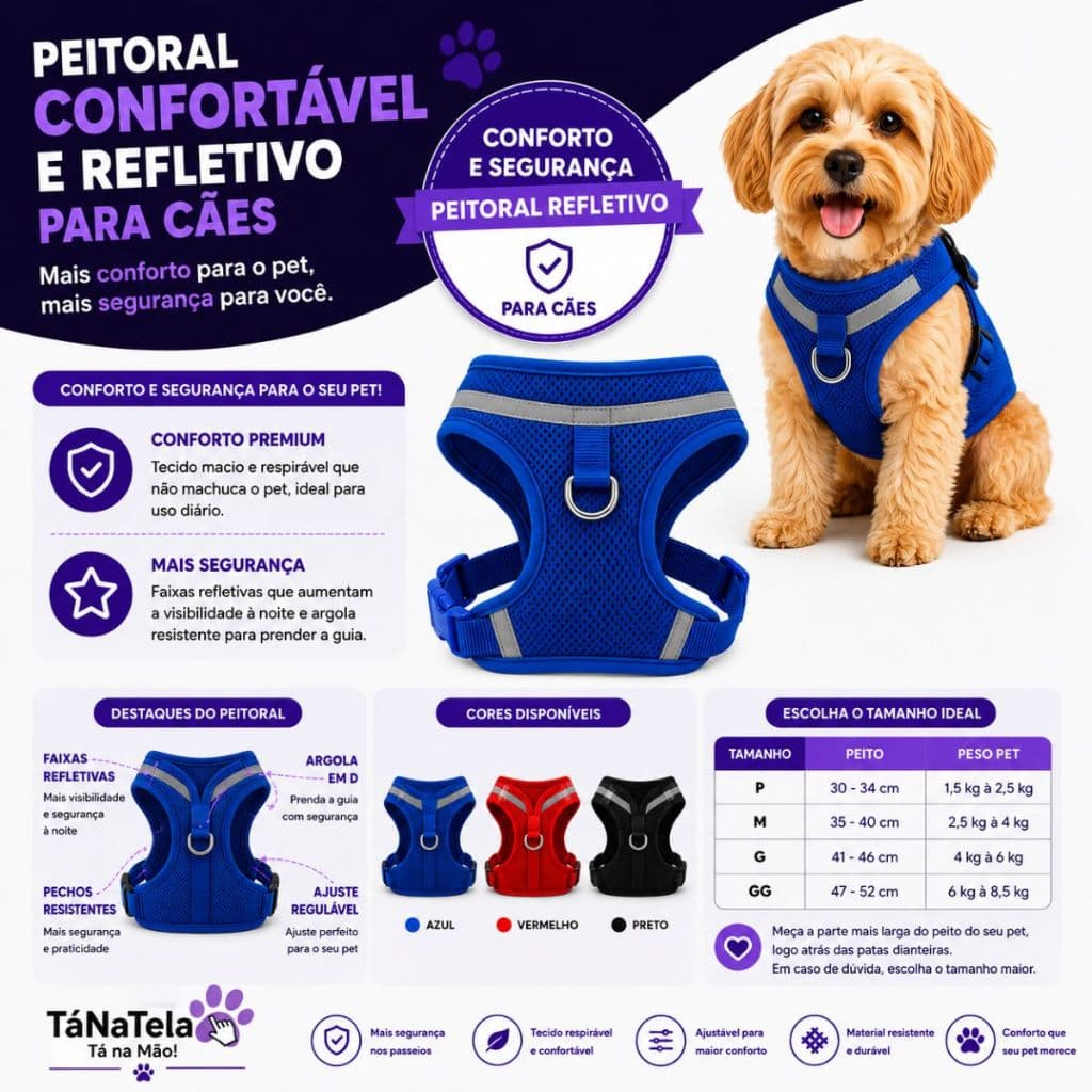 Peitoral Refletivo Pet Com Guia Cachorro Gato Ajustável Confortável Passeio