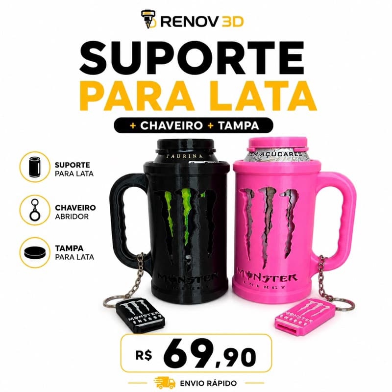 Suporte para Lata de Energético 3 em 1 com Chaveiro Abridor + Tampa | Impressão 3D