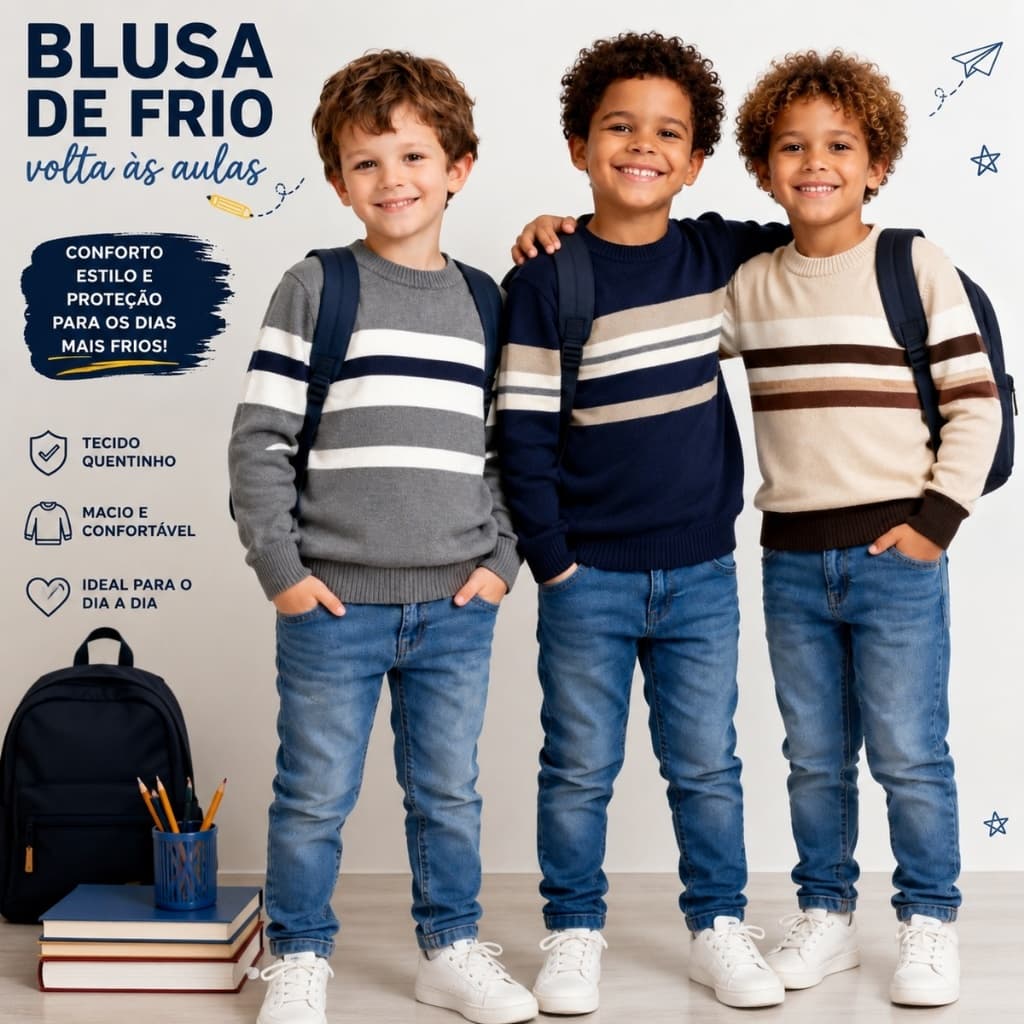 Kit 3 Blusas De Frio Tricot Quentinha Volta as Aulas Roupa Estilosa Veste 1 ao 16 Anos
