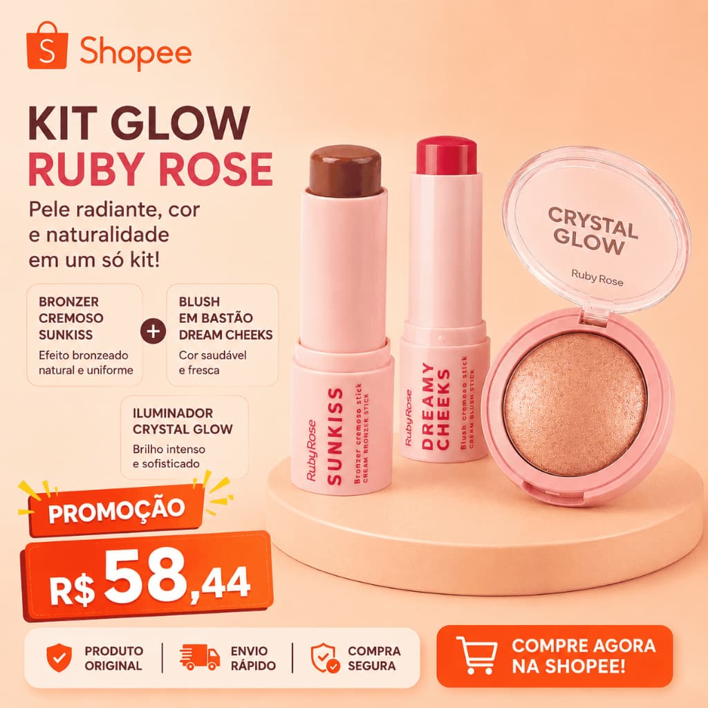 Kit Maquiagem Ruby Rose Blush + Bronzer + Iluminador Crystal Glow