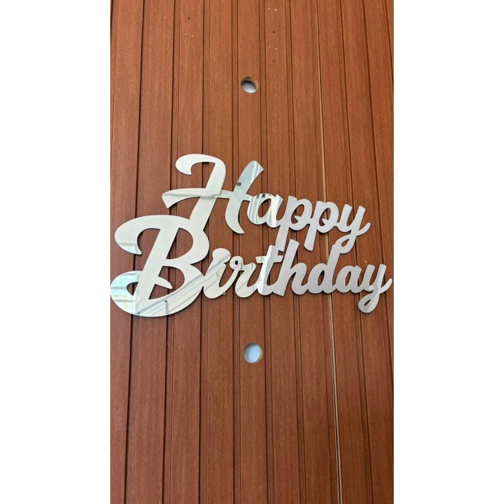 Decoração de parede Happy Birthday em Acrílico Espelhado 60x35 cm Prata  – Decoração para Festa