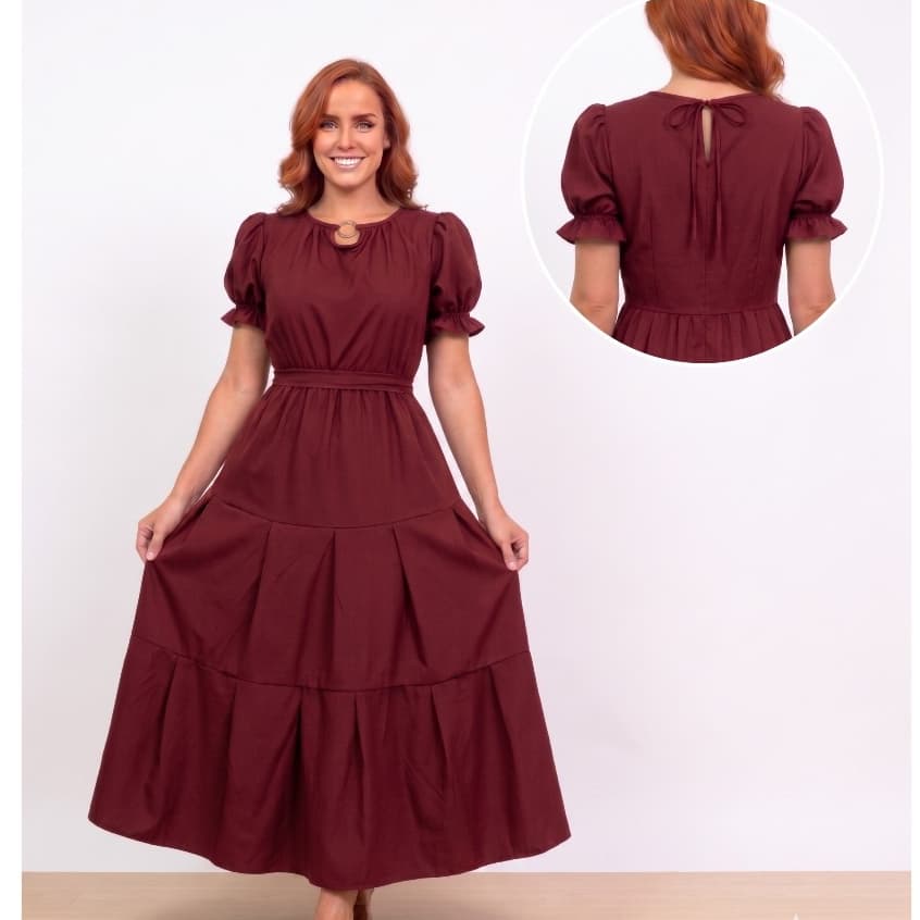 Vestido Feminino Longo Manga Bufante e Argola na Gola Alta Luxo Tecido Crepinho Premium
