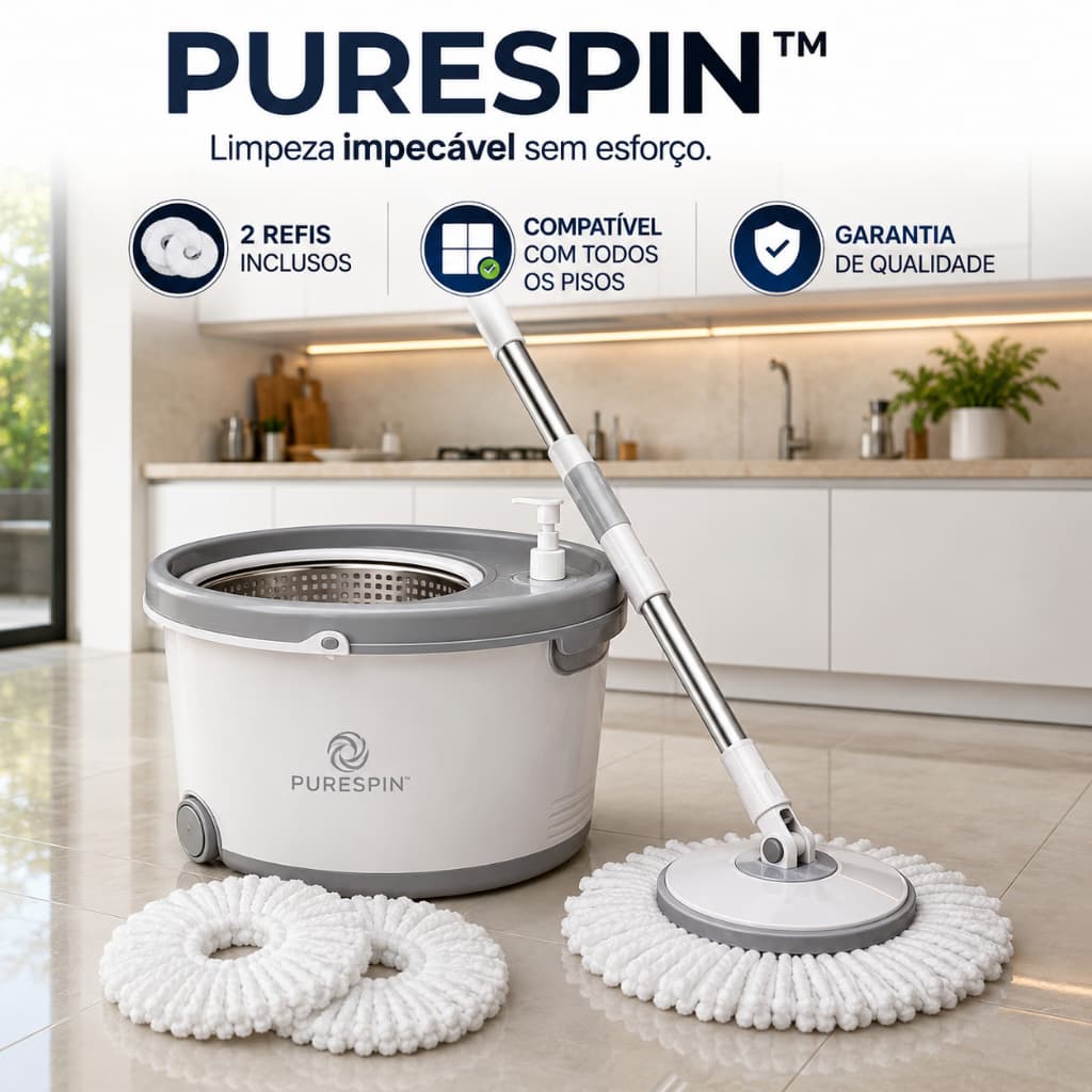 Mop com Balde Separa Água Suja Spin 2 Refis Microfibra Limpeza Fácil para Todos os Pisos PureSpin™
