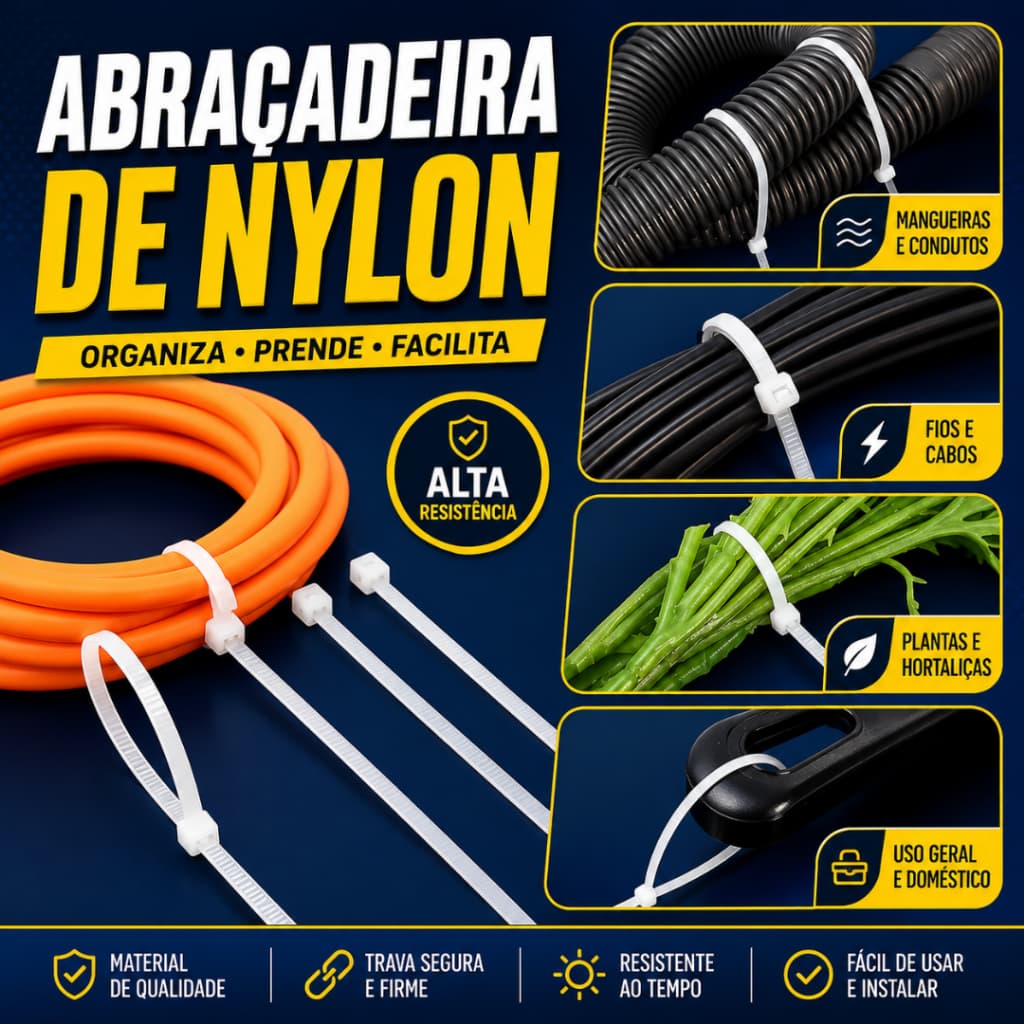 KIT ABRAÇADEIRA NYLON REFORÇADA ENFORCA GATO BRANCA PRETA ALTA RESISTÊNCIA P/ FIXAÇÃO E ORGANIZAÇÃO