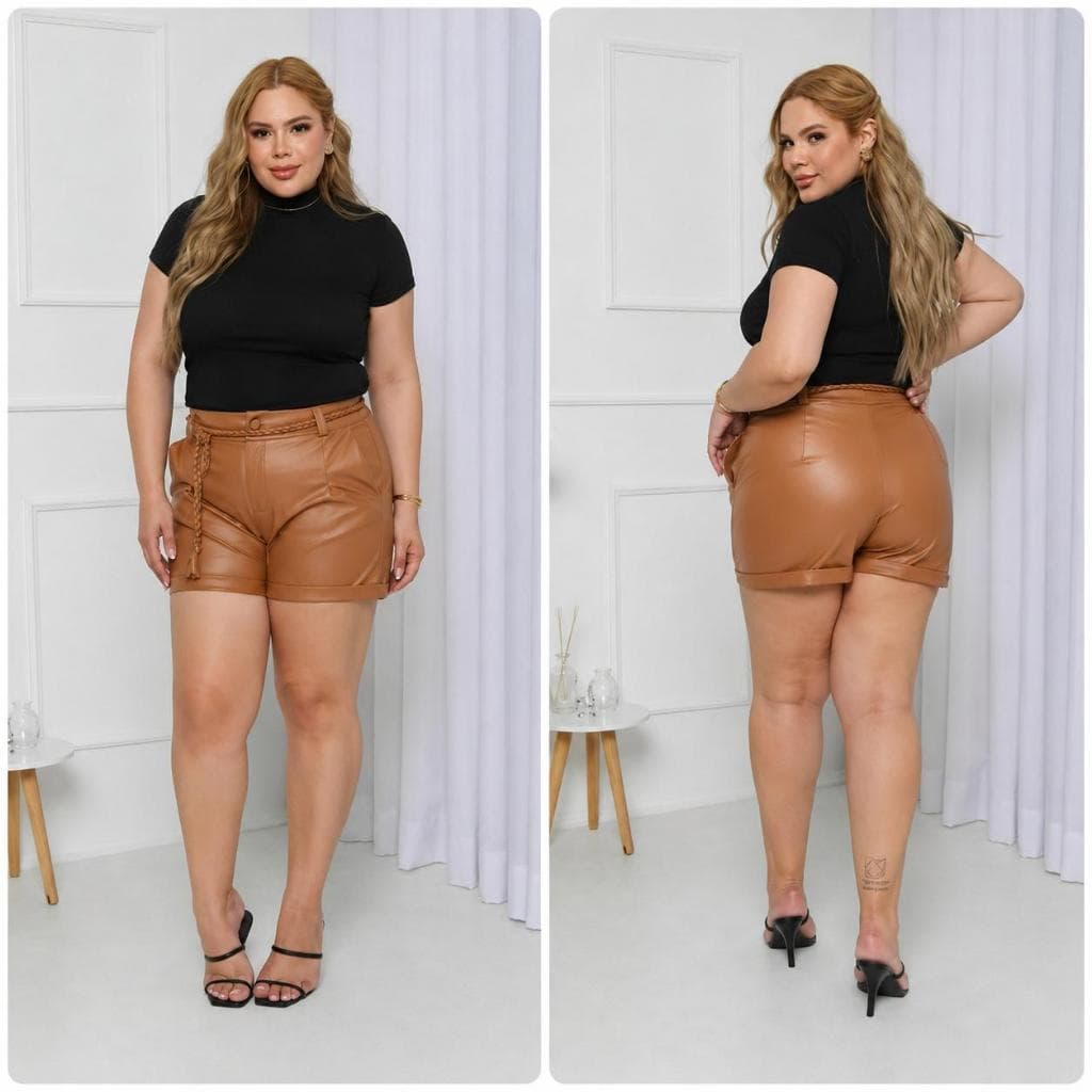 Short Couro Plus Size Com Cinto Bermuda Courino Tendência