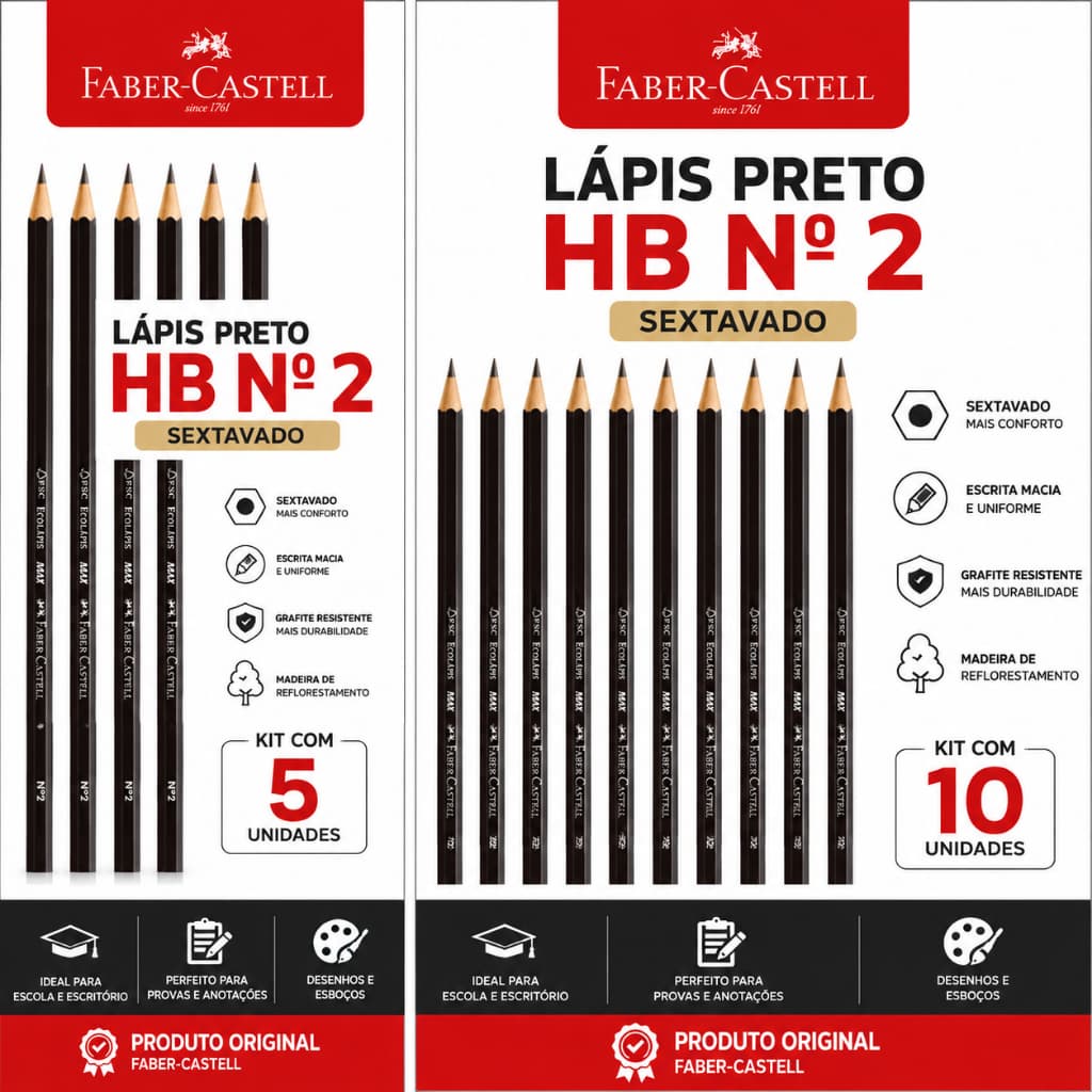 Kit 5 ou 10 Lápis Preto HB Nº 2 Faber-Castell Original Sextavado Escola Escritório