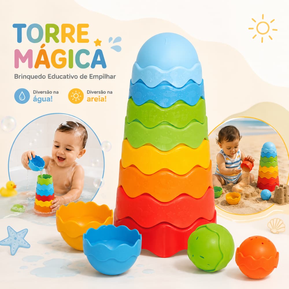 Brinquedo Educativo Torre Mágica Mercotoys Empilhar Encaixar Banho Praia Bebê +5 Meses