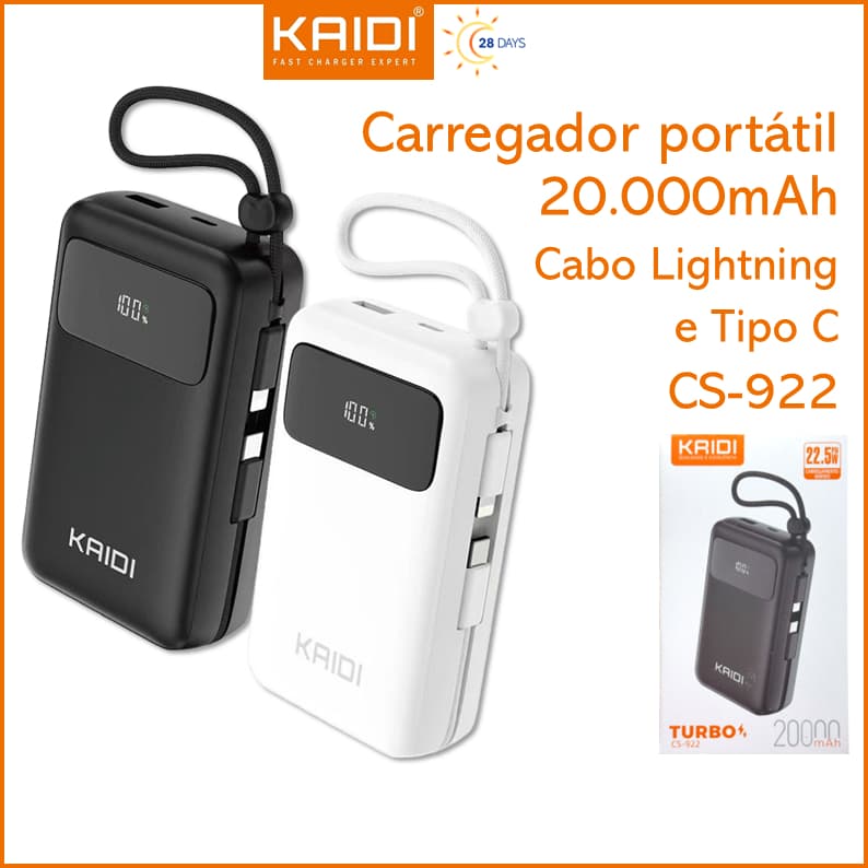 Bateria Portátil Power Bank Turbo 22.5W com 2 cabos embutidos 20.000mAh KAIDI CS-922