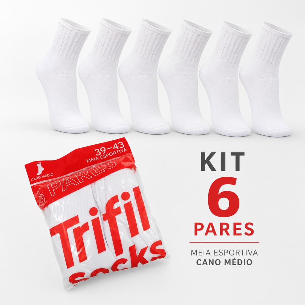 Kit 6 Pares Meias Esportivas Trifil Cano Médio Algodão Punho Soft Ajuste Perfeito Calcanhar Verdadeiro