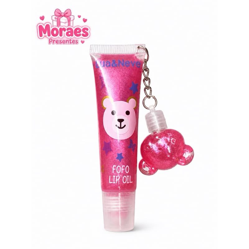 Lip Oil hidratante com glitter e chaveiro de ursinho. Brilho intenso, textura leve e cores variadas.