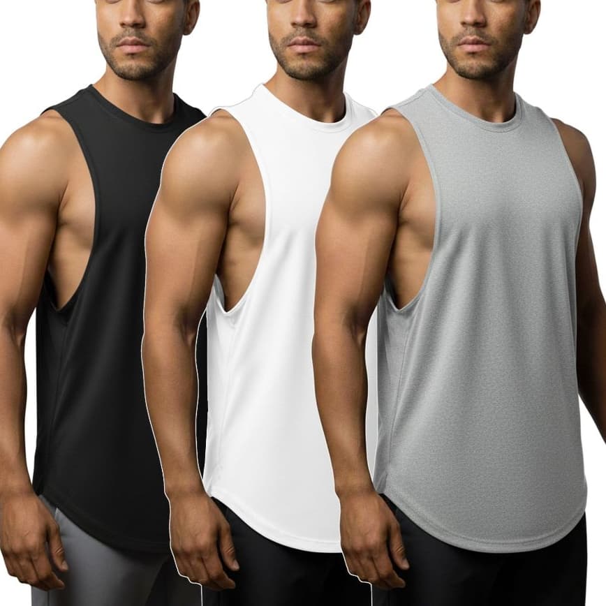 kit 3 Regata Barra Redonda Longline Masculina, Seca Rápido, Não Deforma, Casual Treino Fitness Musculação