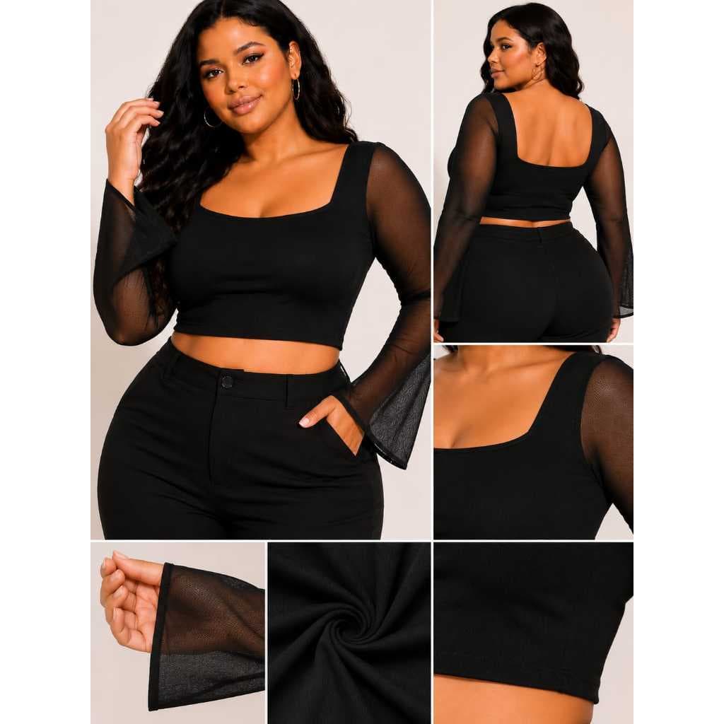 Cropped Feminino Plus Size Manga Longa em Tule Preto Gola Redonda Moda Casual