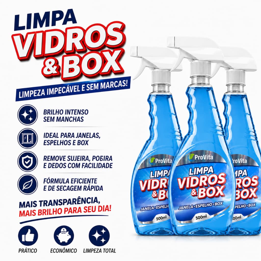 Limpa Vidros e Box Blindex Banheiro 500ml Remove Mancha Espelho Vidraça Calcário Brilho Imediato