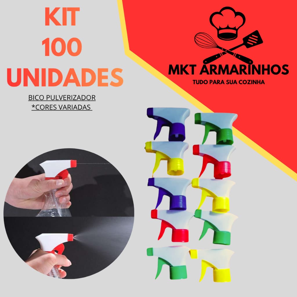 Kit 100 Bicos Pulverizador Ajustáveis P/ Garrafa PET  Gatilho Borrifador Spray Universal Reposição Limpeza Jardim Carro