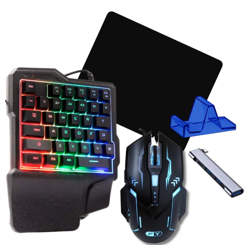 Kit Gamer Mobilador Teclado Mouse P/ Cel Uma Mão Free Fire