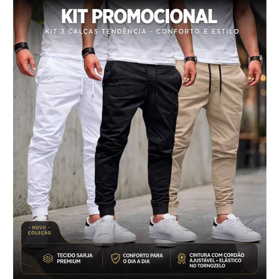 Combo 3x Calças Jogger Premium em Sarja a Jogger 3 Calças Aleatórias Saldo!