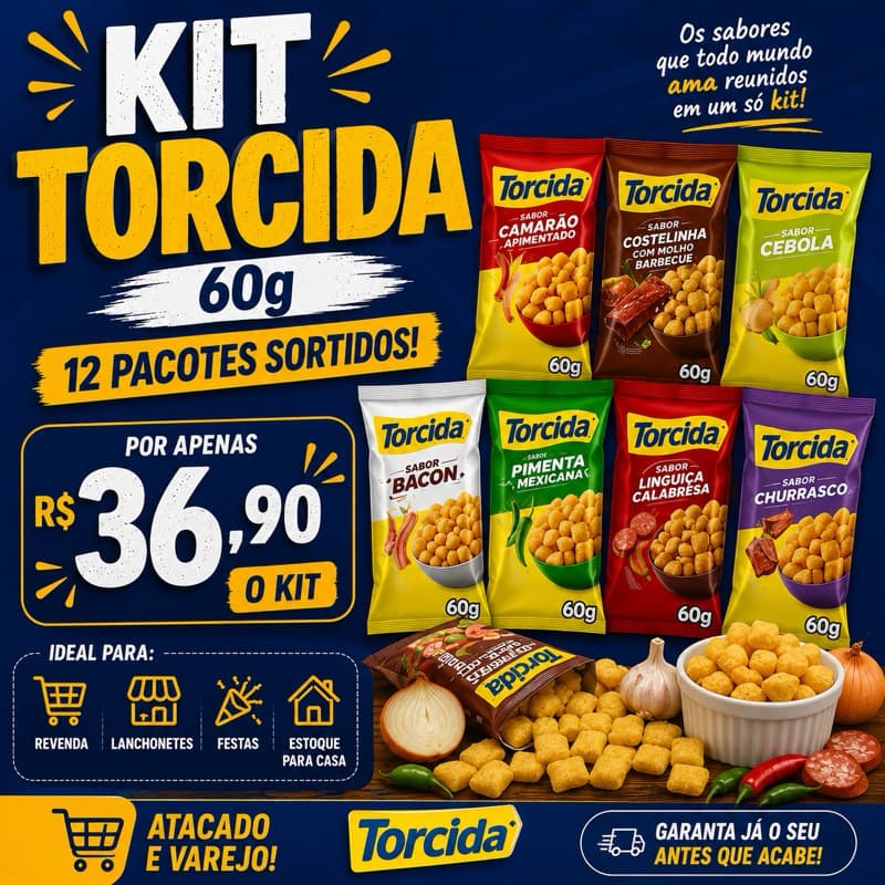 KIT TORCIDA 60g – 12 PACOTES SORTIDOS! 🎉