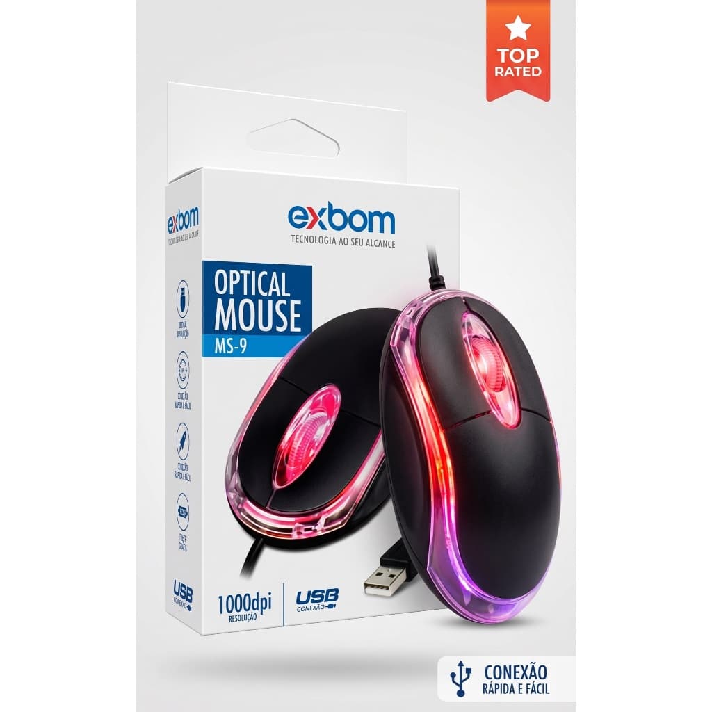 Mouse Óptico USB Exbom MS-9 1000 DPI Com Fio Plug And Play Para PC Notebook