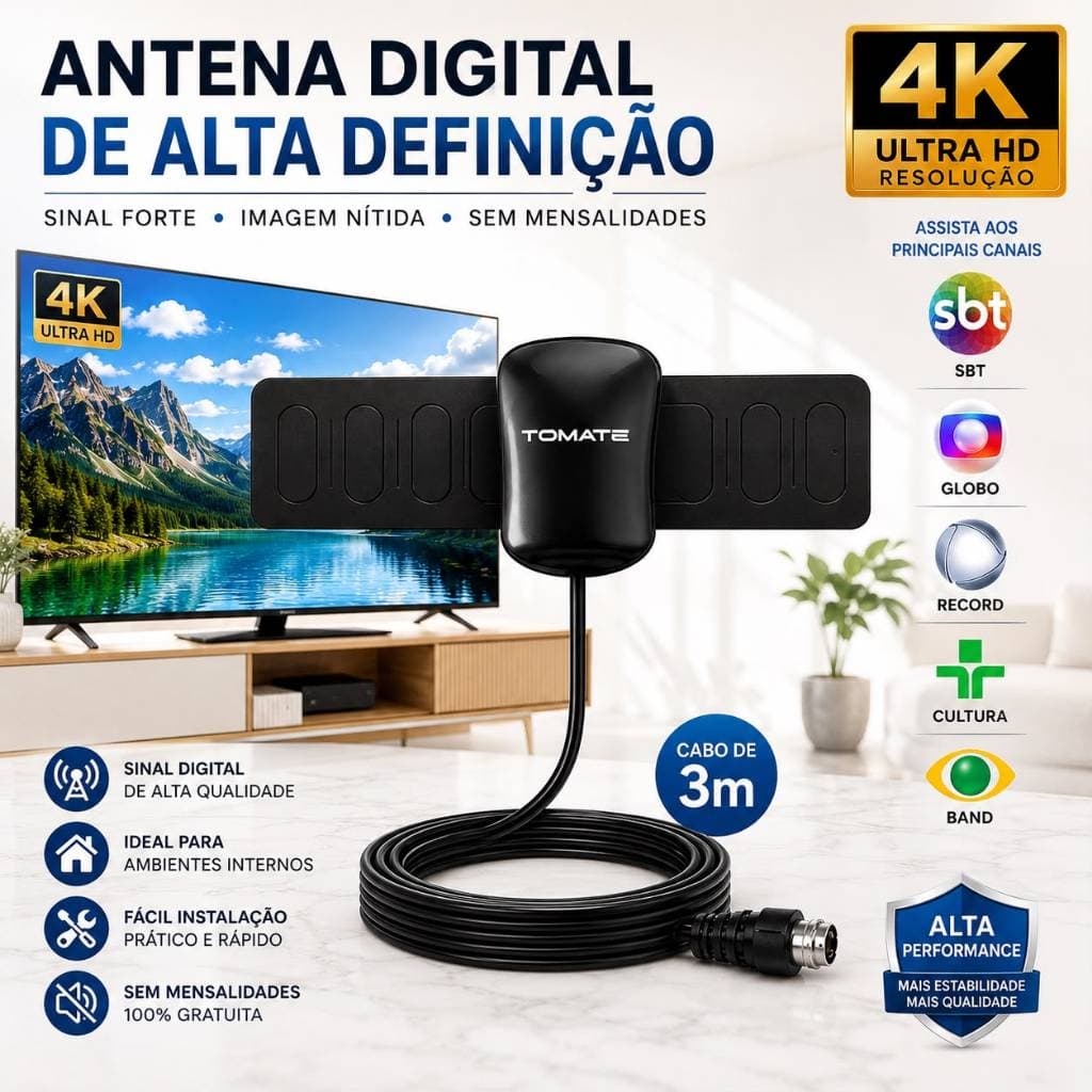 Antena Digital Multifunciona Tomate Interna e Externa Para Tv Full Hdtv 4k Sinal nítido e alcance poderoso
